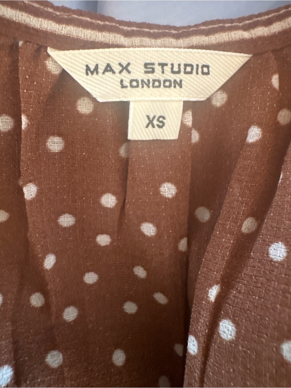 Max Studio Brown and White Polka Dot Long-Sleeve Peplum Blouse - Picture 6 of 6